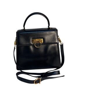 Salvatore Ferragamo Black Leather Top Handle Crossbody Bag Gold‎ Hardware